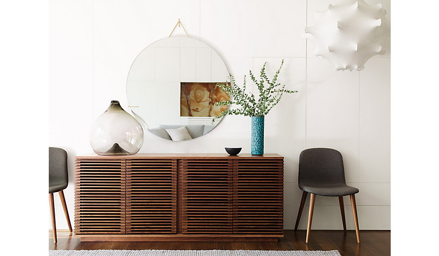 Line Credenza Large, Water Drop Jug, Bacco Chair in fabric, Harvey Mirror