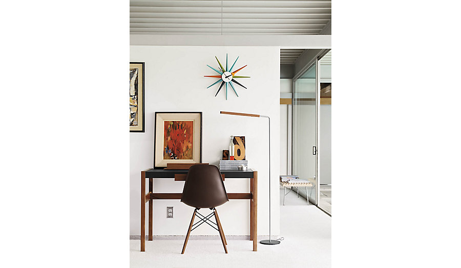 Risom Desk, Nelson Sunburst Clock, Lim L Floor Lamp, Nelson Platform Bench with Metal Leg
